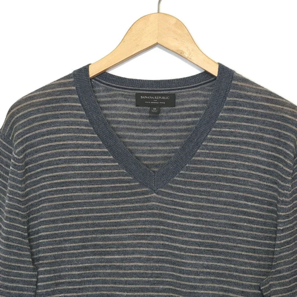 Banana Republic Merino Wool V Neck Sweater Gray Striped Long Sleeve Classic M